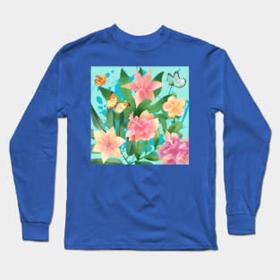 tropical flowers and butterflies Long Sleeve T-Shirt